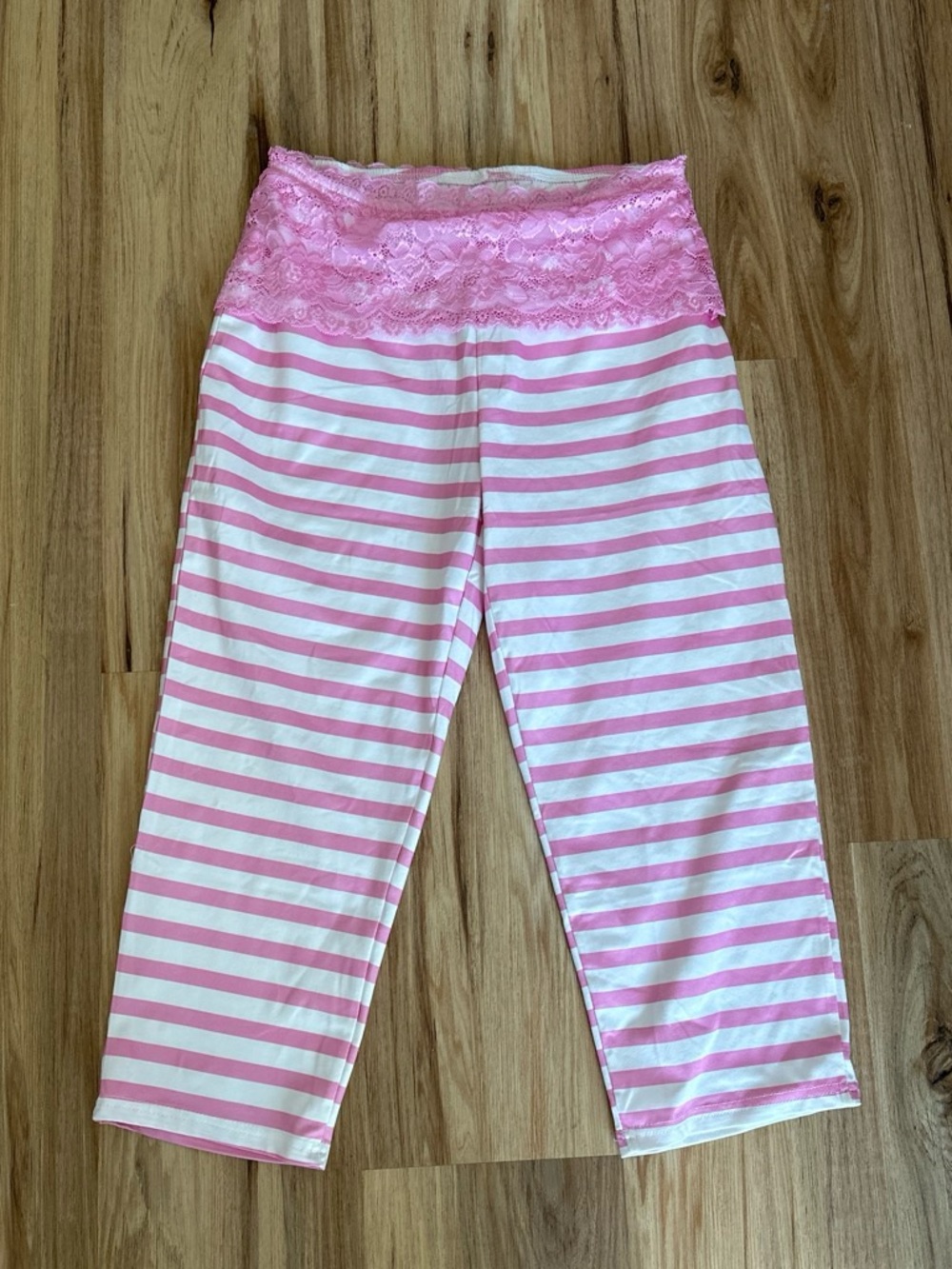 Pink & White Striped Stretch Capri Bottoms with Lace Waistband